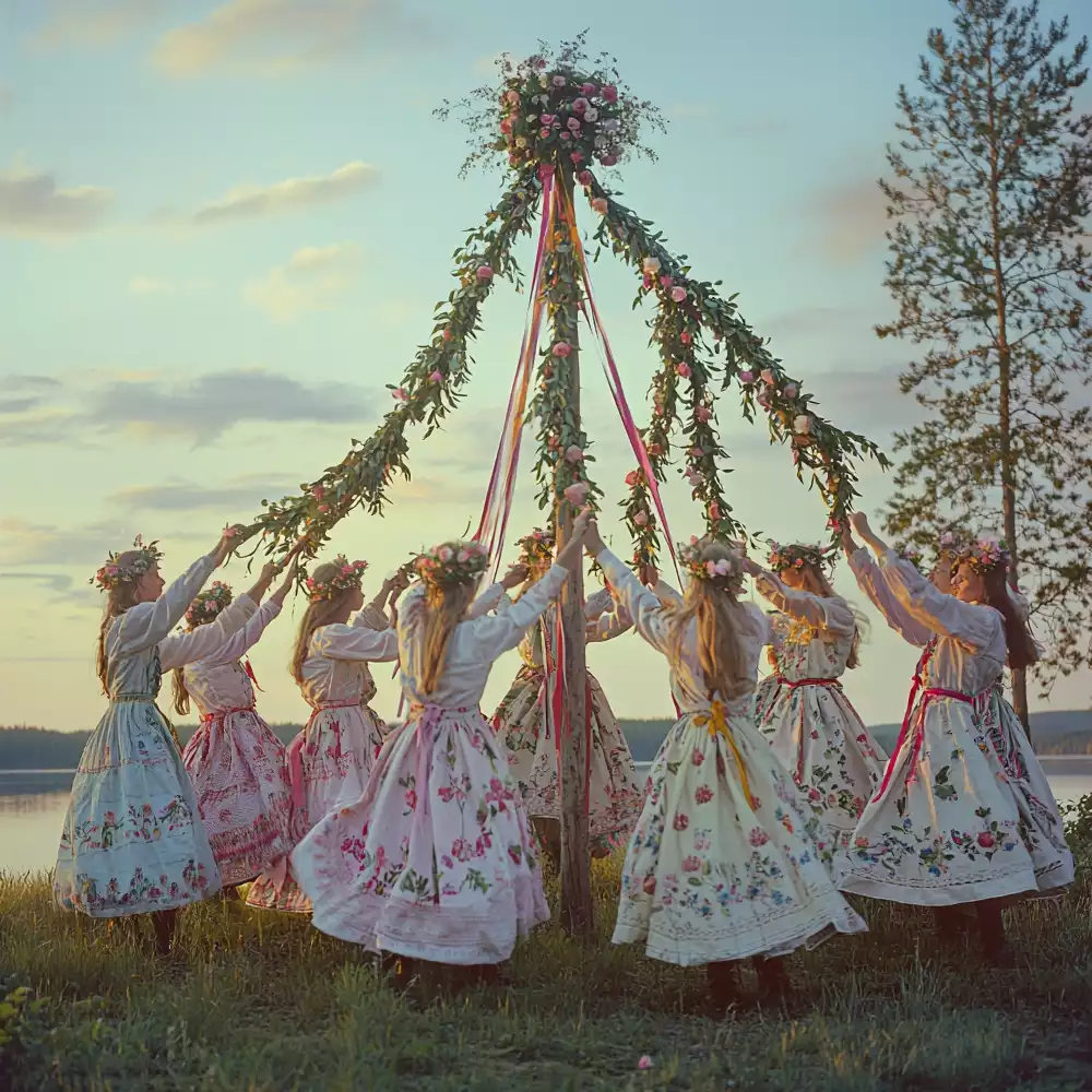Sonnenwend-Zeremonien, Maibaum Tanz Schweden